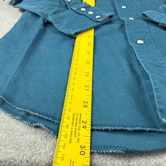 Vintage 90s Wrangler Pearl Snap Western Shirt Teal Denim Cowboy XL Long Sleeve - Picture 8 of 11